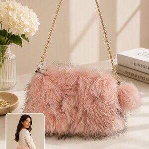 Jennifer K shoulder Purse Womens Small Pink Fur Gold Chain Pom Pom Zip cute